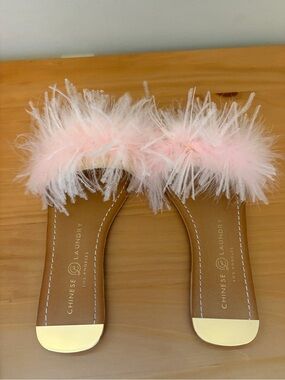 Chinese Laundry Blush Feather Slide Sandals with Gold Toe
